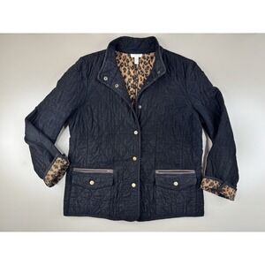 VTG Charter Club Womens Quilted Corduroy Chore Jacket L Black Leopard Print Prep